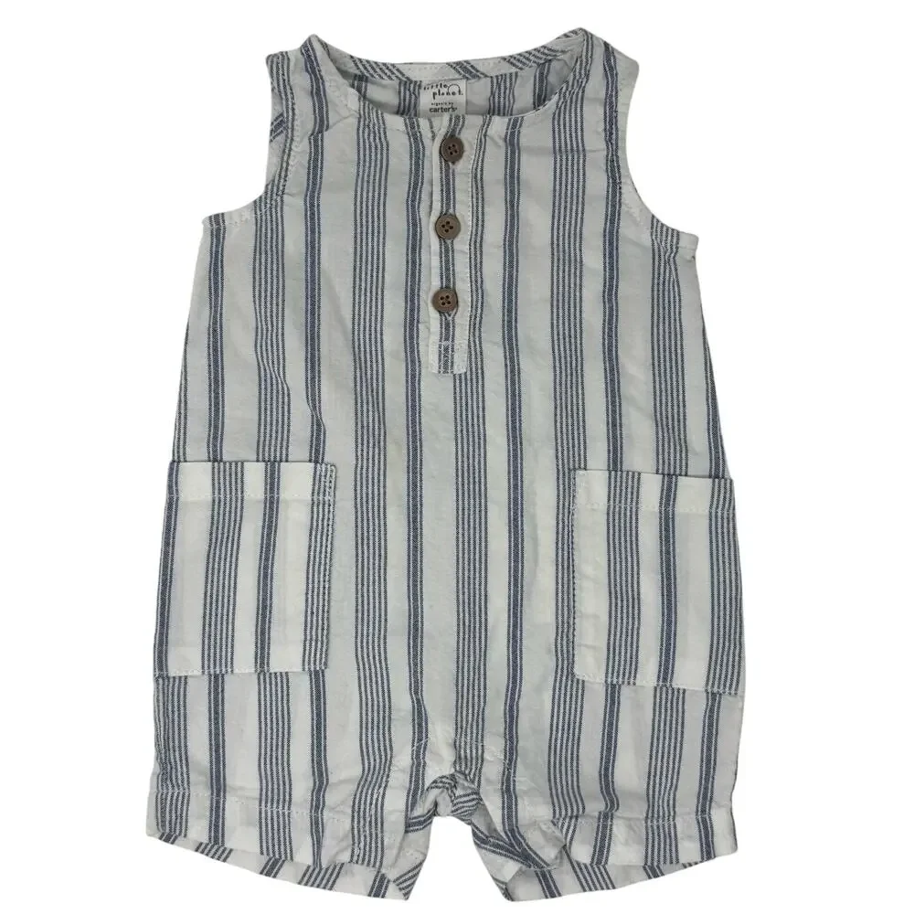 Organic by Carters Baby 6 Months Romper Bodysuit White Blue Stripes
